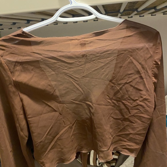 bell sleeve brown front tie sheet top - Picture 3 of 4